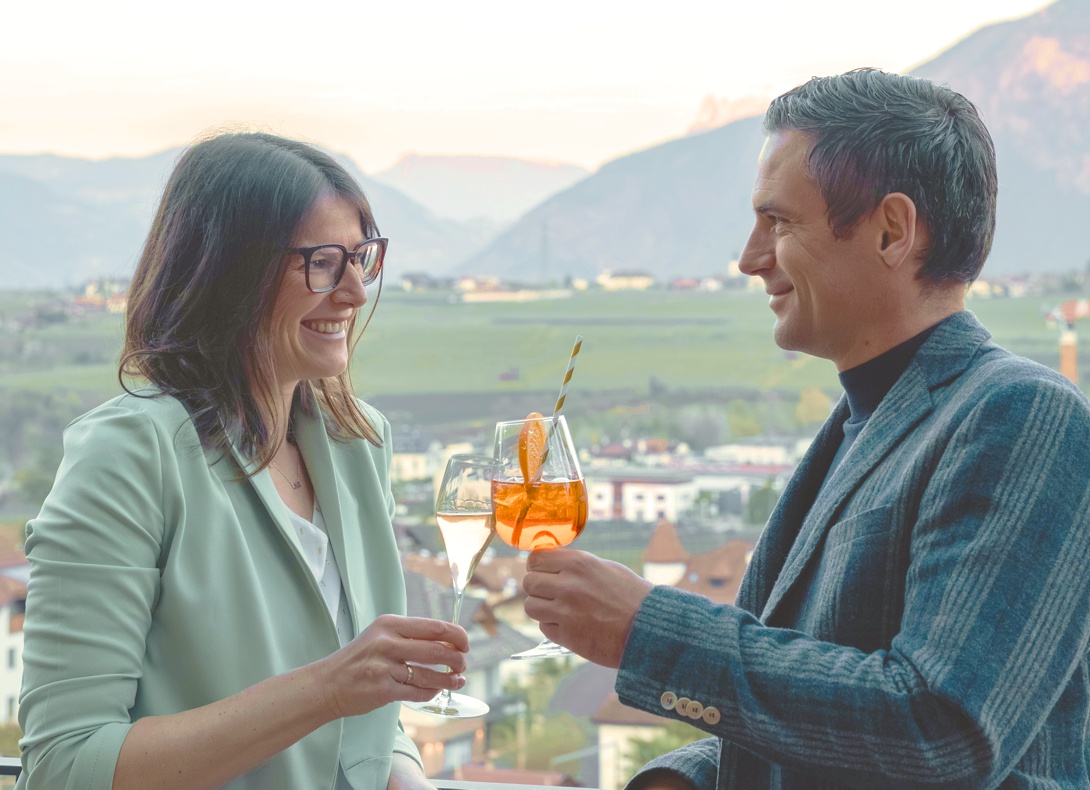 Couple enjoying a romantic break on the terrace of Hotel Christof in South Tyrol